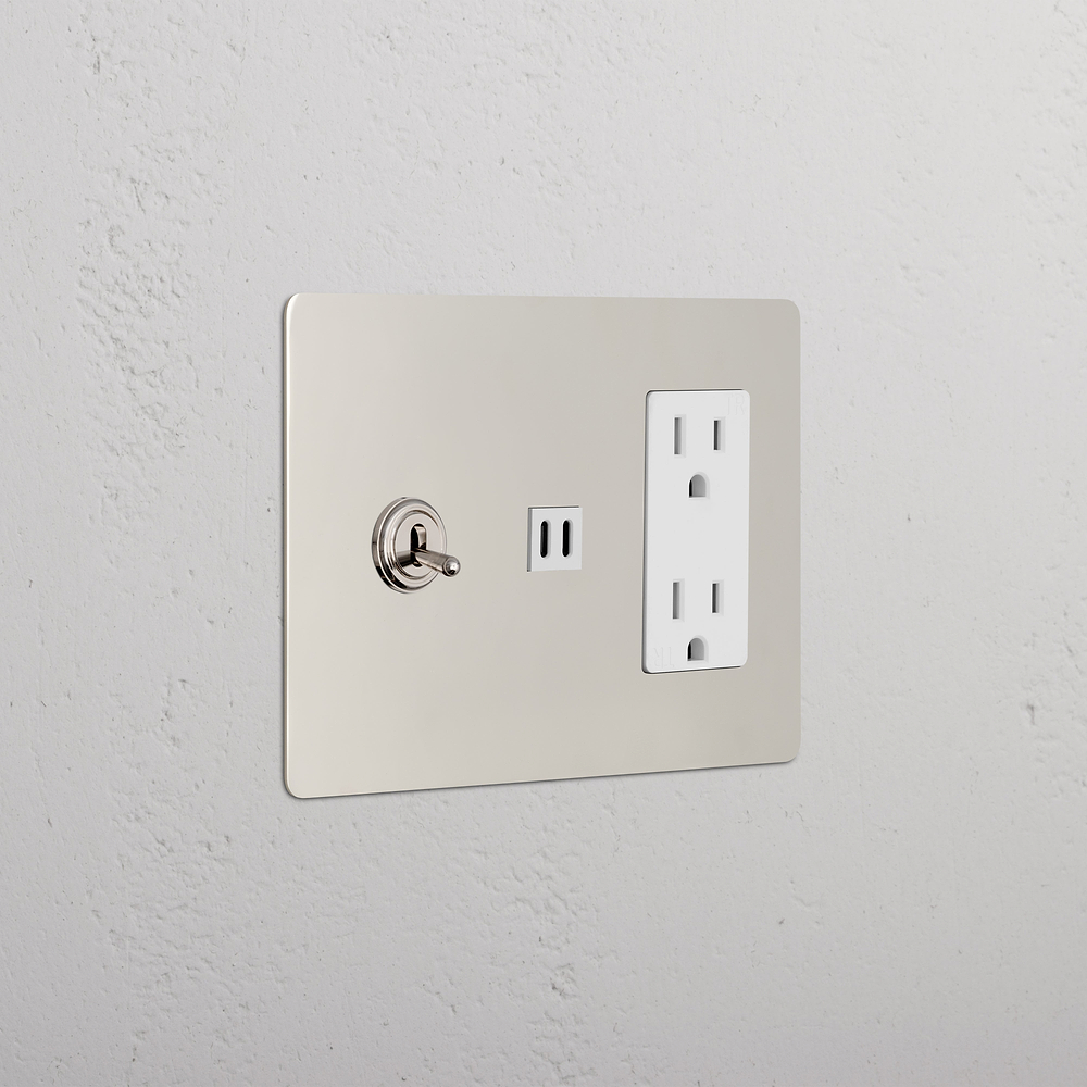 Kew 3G Toggle Switch & Outlet & Fast Charge USB - Polished Nickel White