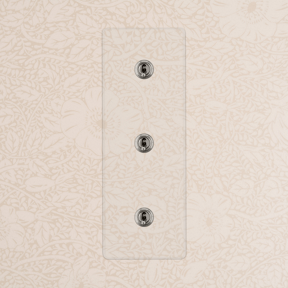 Kew Kipphebelschalter 3x in vertikalem Dreifachrahmen – Transparent + Poliertes Nickel