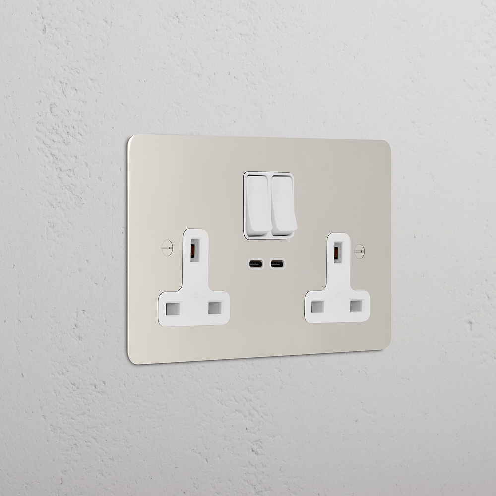 Double Socket & USB-C Fast Charge - Polished Nickel | White