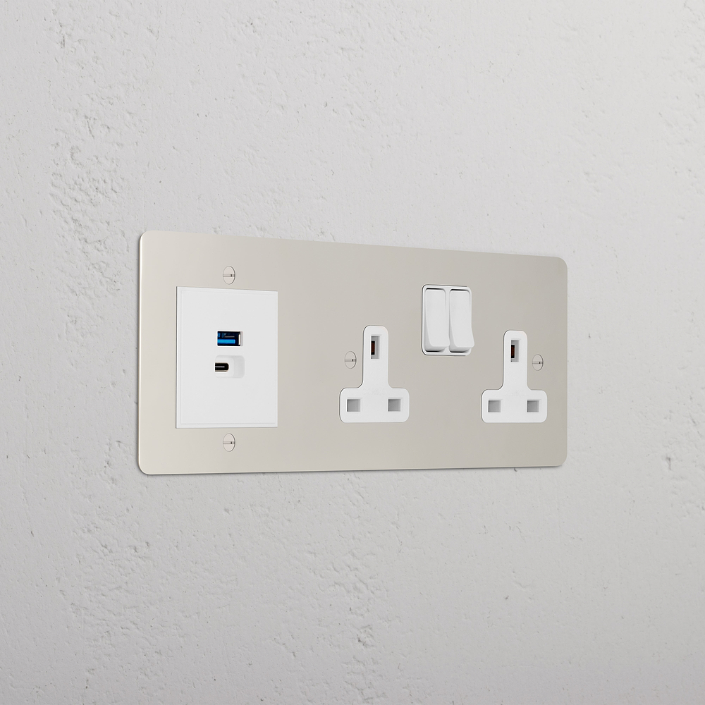 Double Socket & USB-A+C Fast Charge - Polished Nickel | White