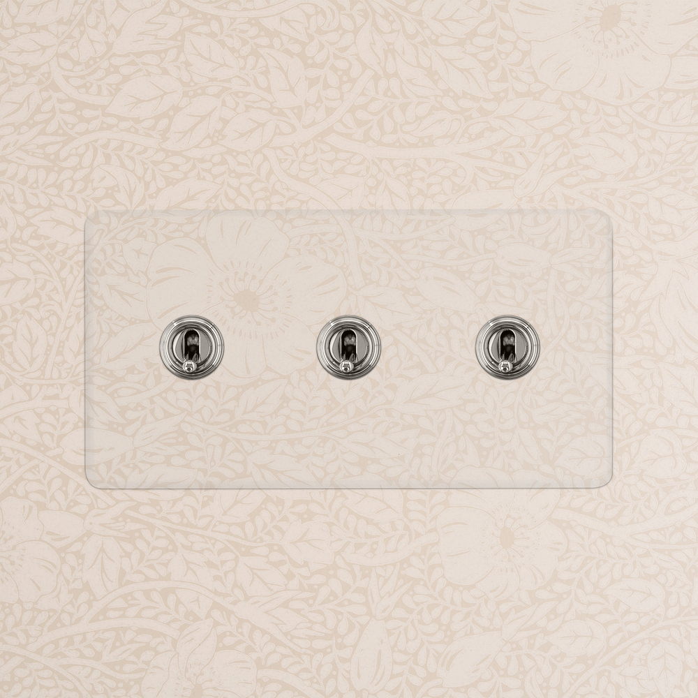 Kew Kipphebelschalter 3x in Zweifachrahmen – Transparent + Poliertes Nickel