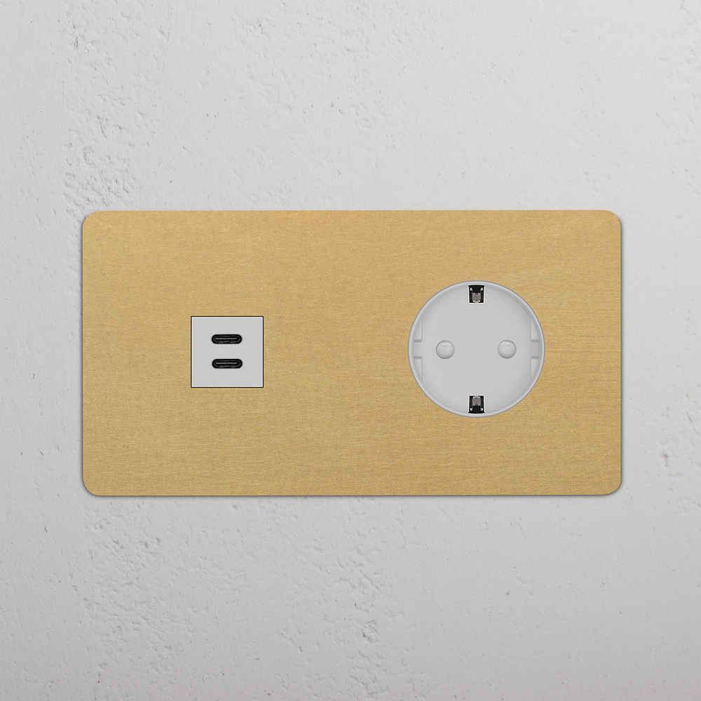 Kew Double USB-C 30W & Schuko Type F Socket - Antique Brass | White