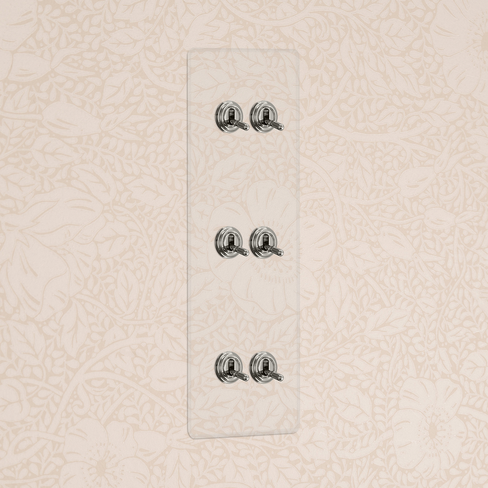 Kew Kipphebelschalter 6x in vertikalem Dreifachrahmen – Transparent + Poliertes Nickel