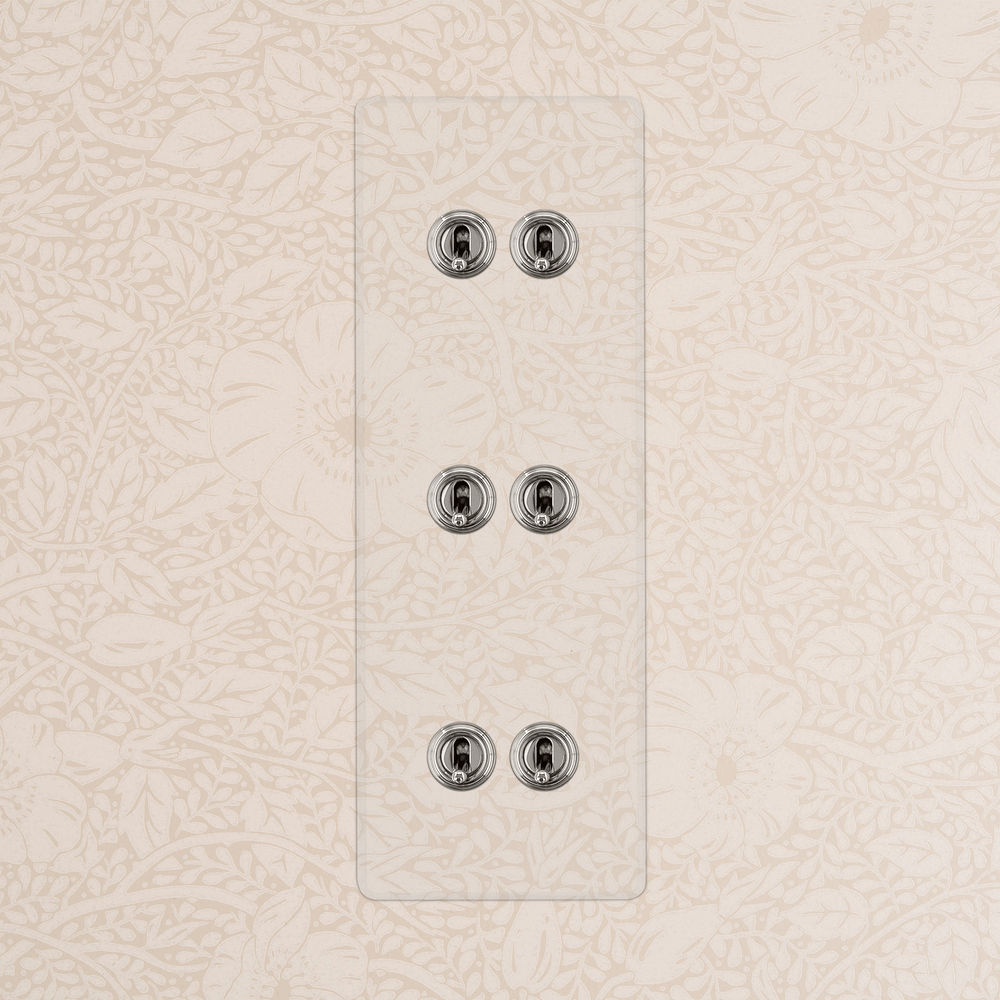Kew Kipphebelschalter 6x in vertikalem Dreifachrahmen – Transparent + Poliertes Nickel