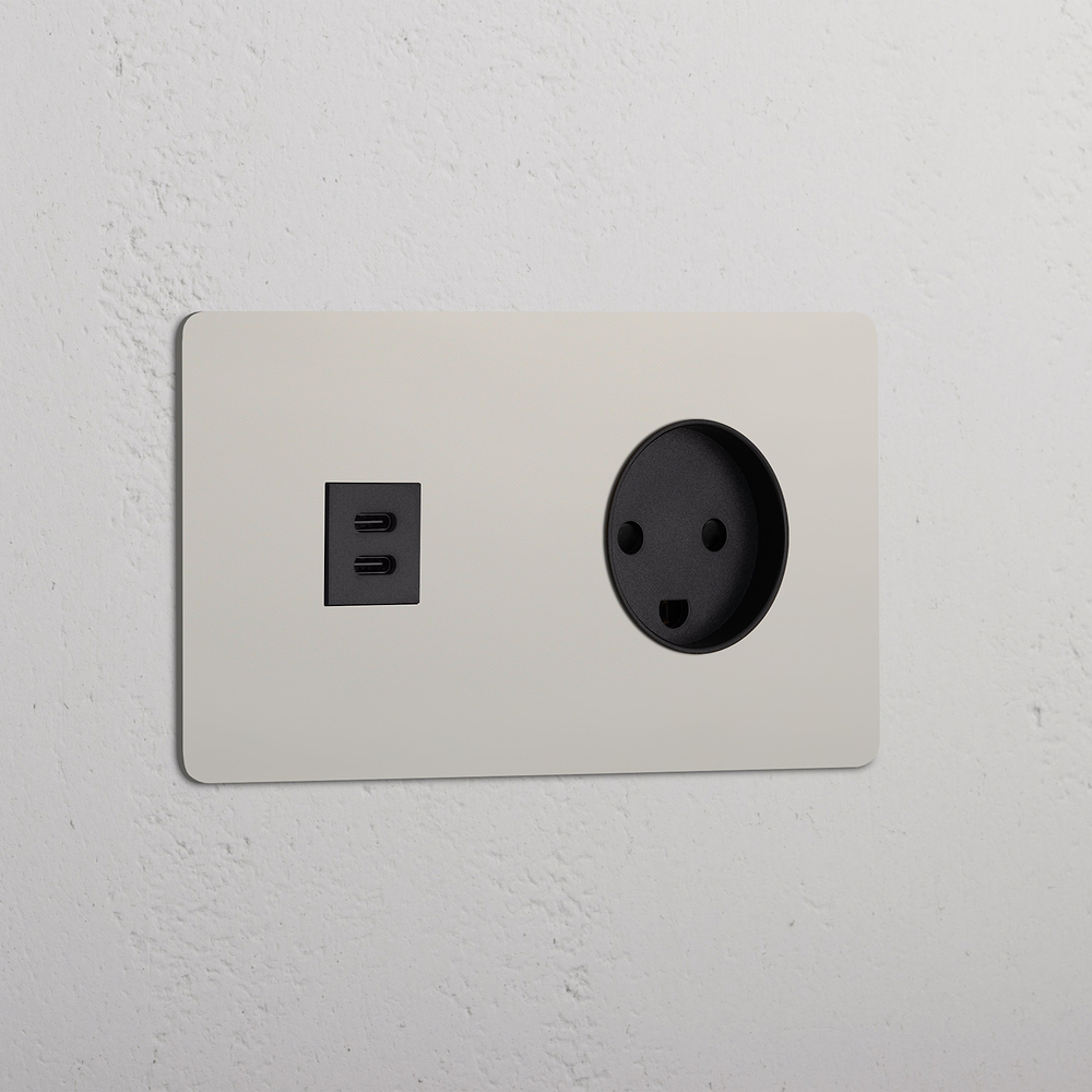 Kew Double USB-C 30W & Danish Type K Socket - Polished Nickel | Black