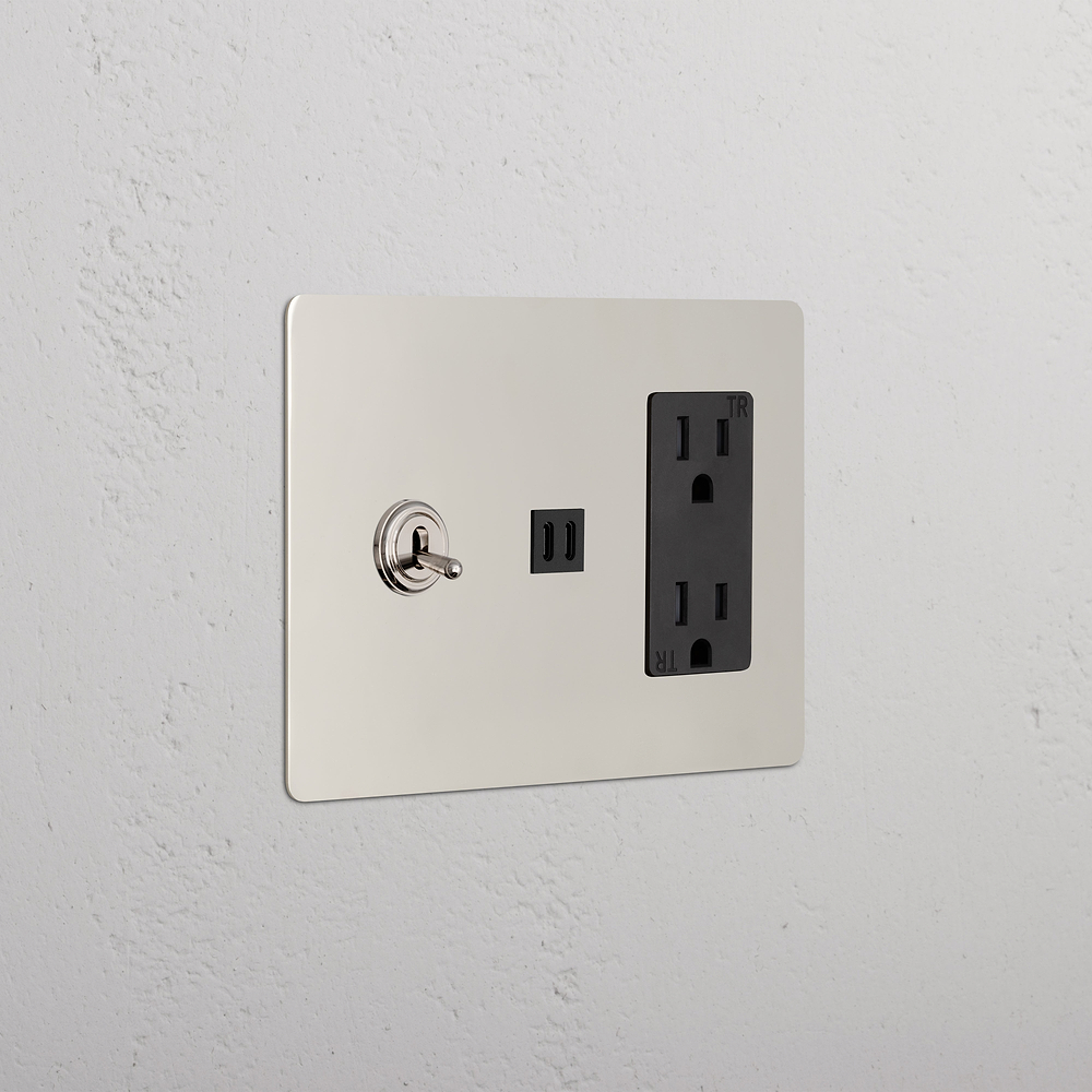 Kew 3G Toggle Switch & Outlet & Fast Charge USB - Polished Nickel Black