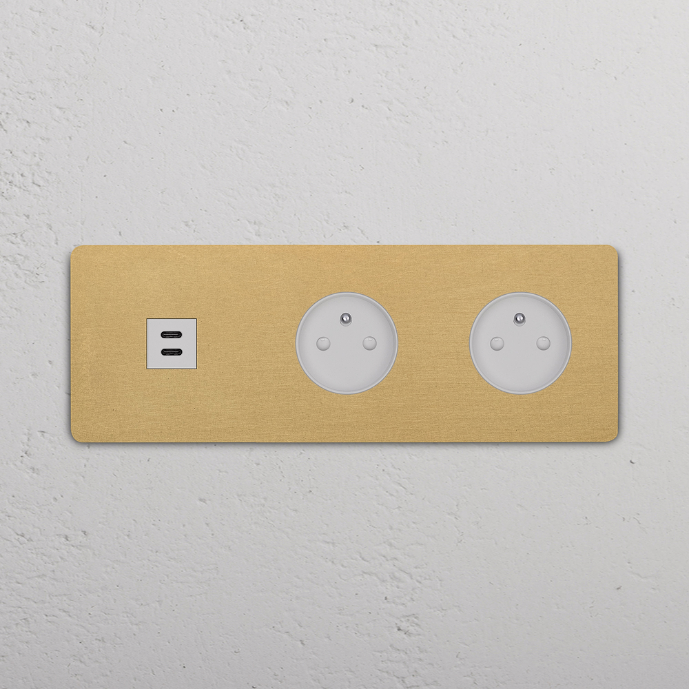 Grove Triple USB-C 30W & 2x French/Belgian Type E Socket - Antique Brass | White