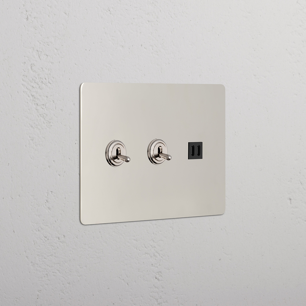 Kew 3G 2x Toggle Switch & Fast Charge USB - Polished Nickel Black