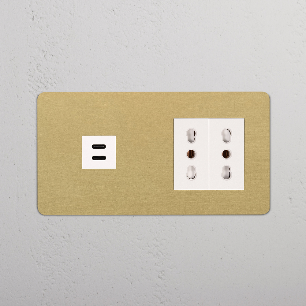Kew Prise USB-C 30 W & Prise Bipasso x2 (Plaque Double) - Laiton Ancien | Blanc