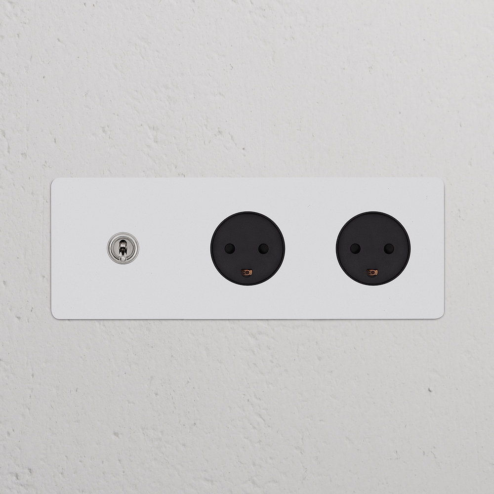 Kew Triple Toggle & 2x Danish Type K Socket - Paintable Polished Nickel | Black