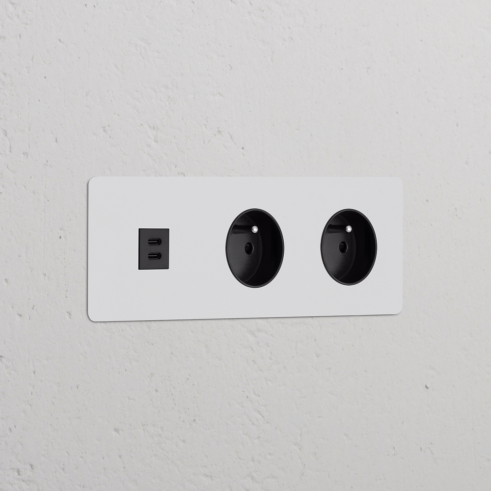 Kew Drievoudige USB-C 30 W voedingsmodule en 2x Frans/Belgisch type E stopcontact – Beschilderbaar | Zwart