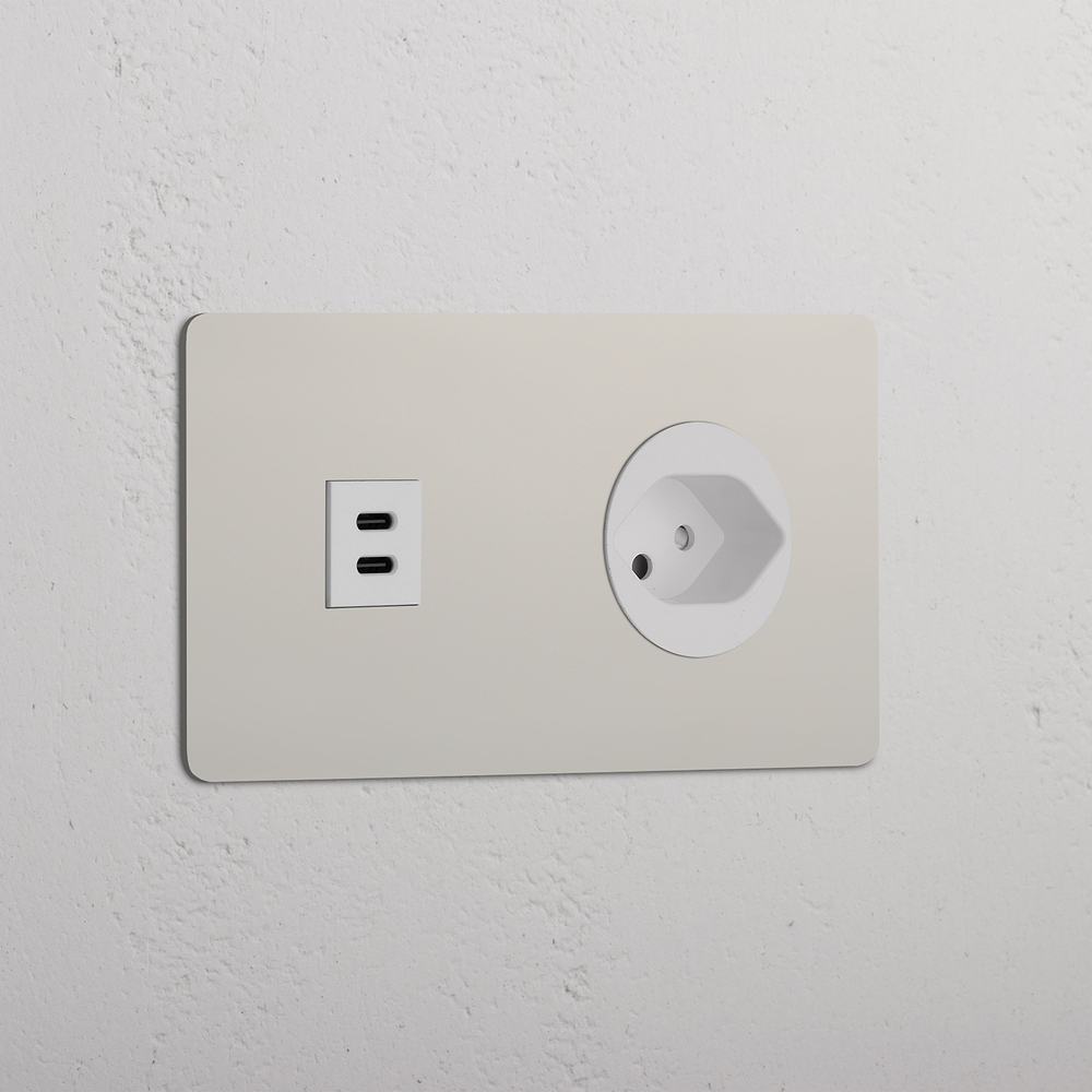 Kew Prise USB-C 30 W & Prise Suisse Type J (Plaque Double) - Nickel Poli | Blanc