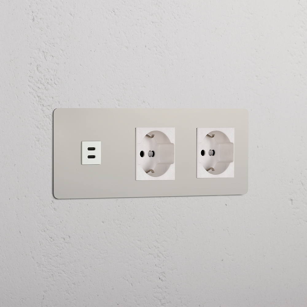 Kew Triple USB-C 30W & 2x Schuko/Bipasso Socket - Polished Nickel | White