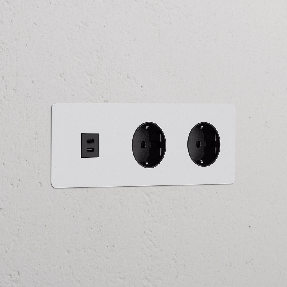 Kew Enchufe USB-C con Schuko x2 tipo F (marco triple) - Pintable | Negro