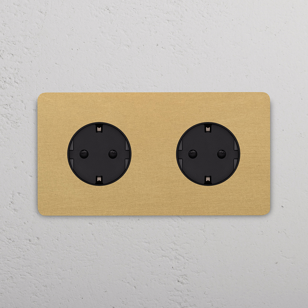 Grove Double 2x Schuko Type F Socket - Antique Brass | Black