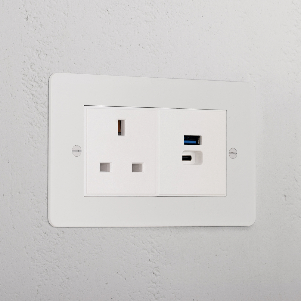 Double 13A & USB-A+C Fast Charge Socket - Paintable | White