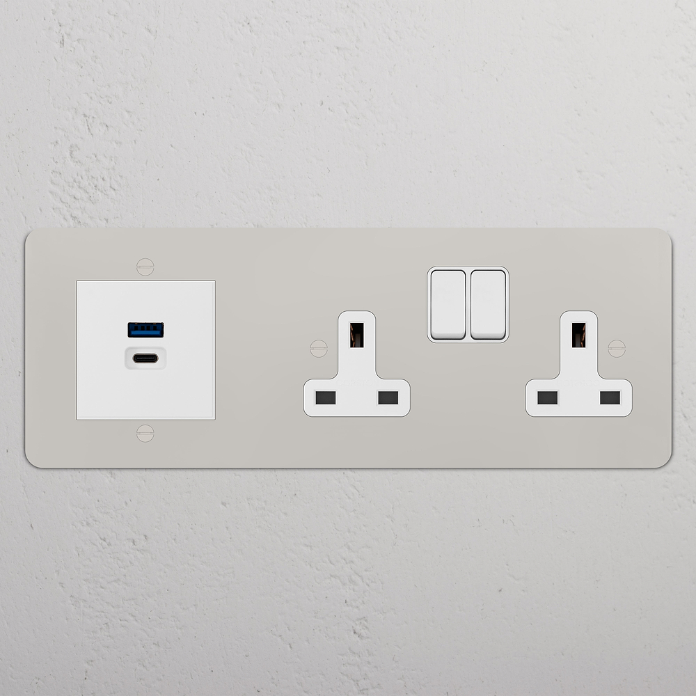 Double Socket & USB-A+C Fast Charge - Polished Nickel | White