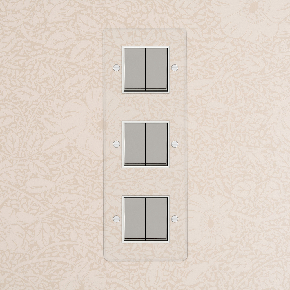 Kew Interrupteur Carré Vertical x6 (Plaque Triple) – Nickel Poli à Transparence | Blanc