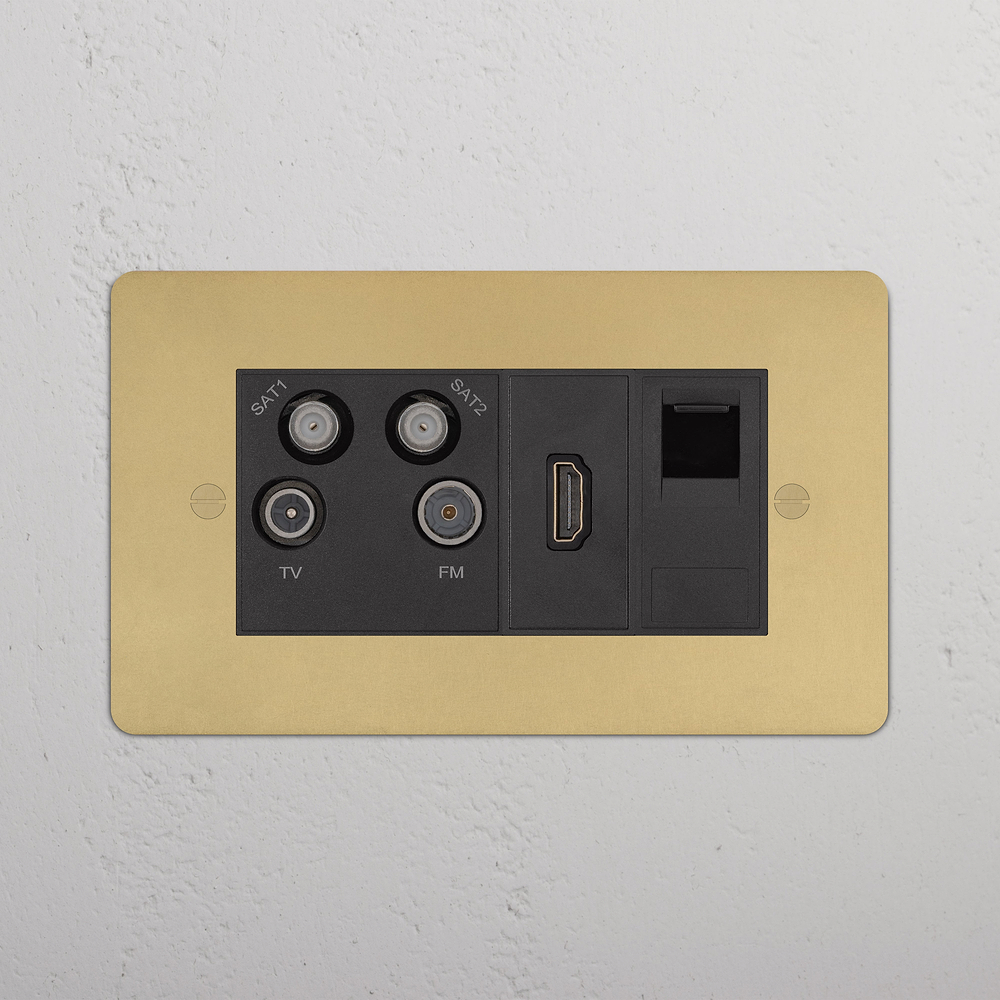 Double Aerial & HDMI & CAT6 Socket - Antique Brass | Black