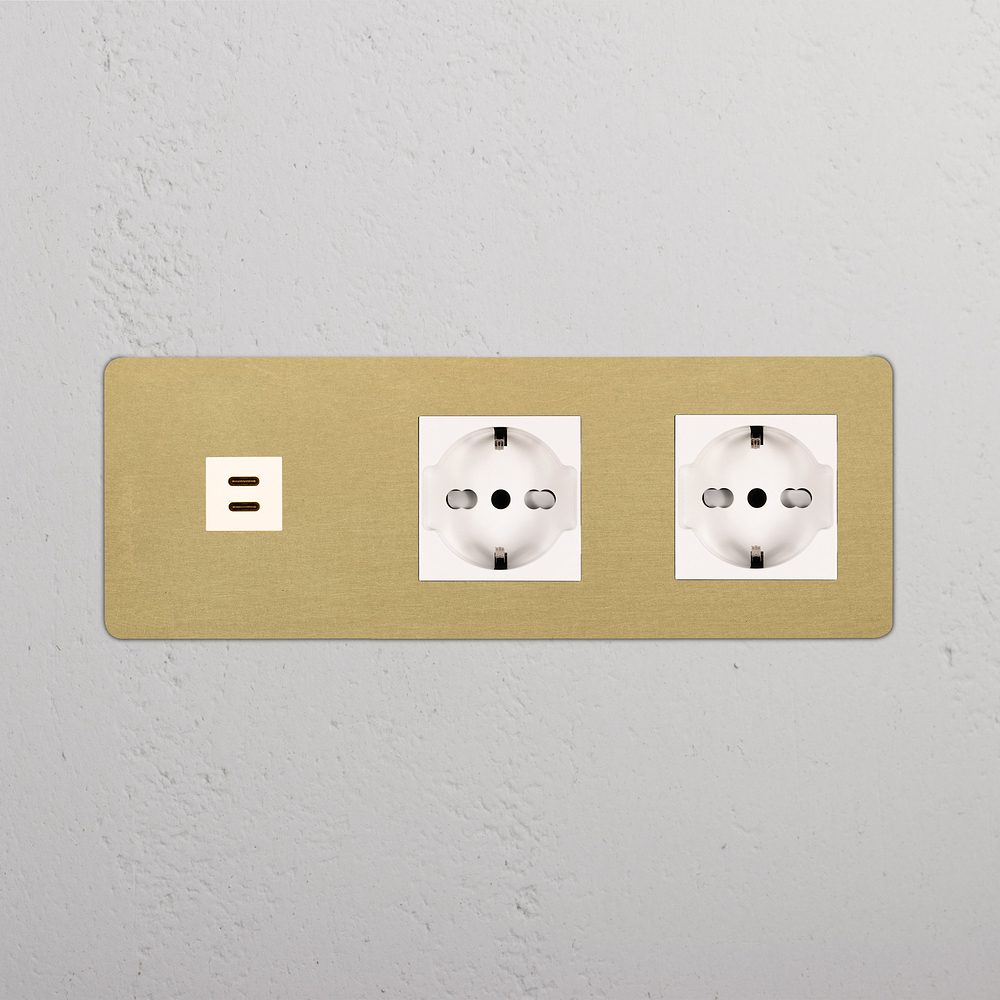 Kew Triple USB-C 30W & 2x Schuko/Bipasso Socket - Antique Brass | White