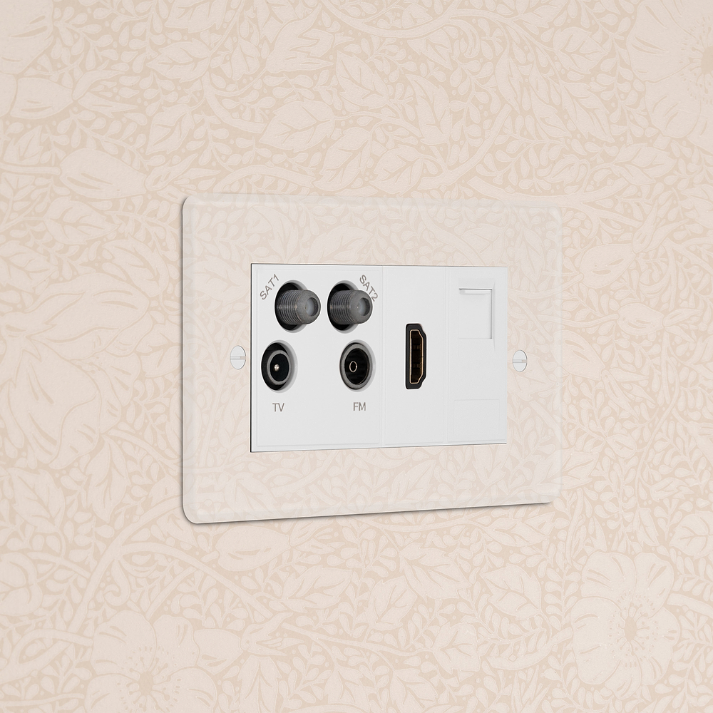 Double Aerial & HDMI & CAT6 Socket - Clear | White