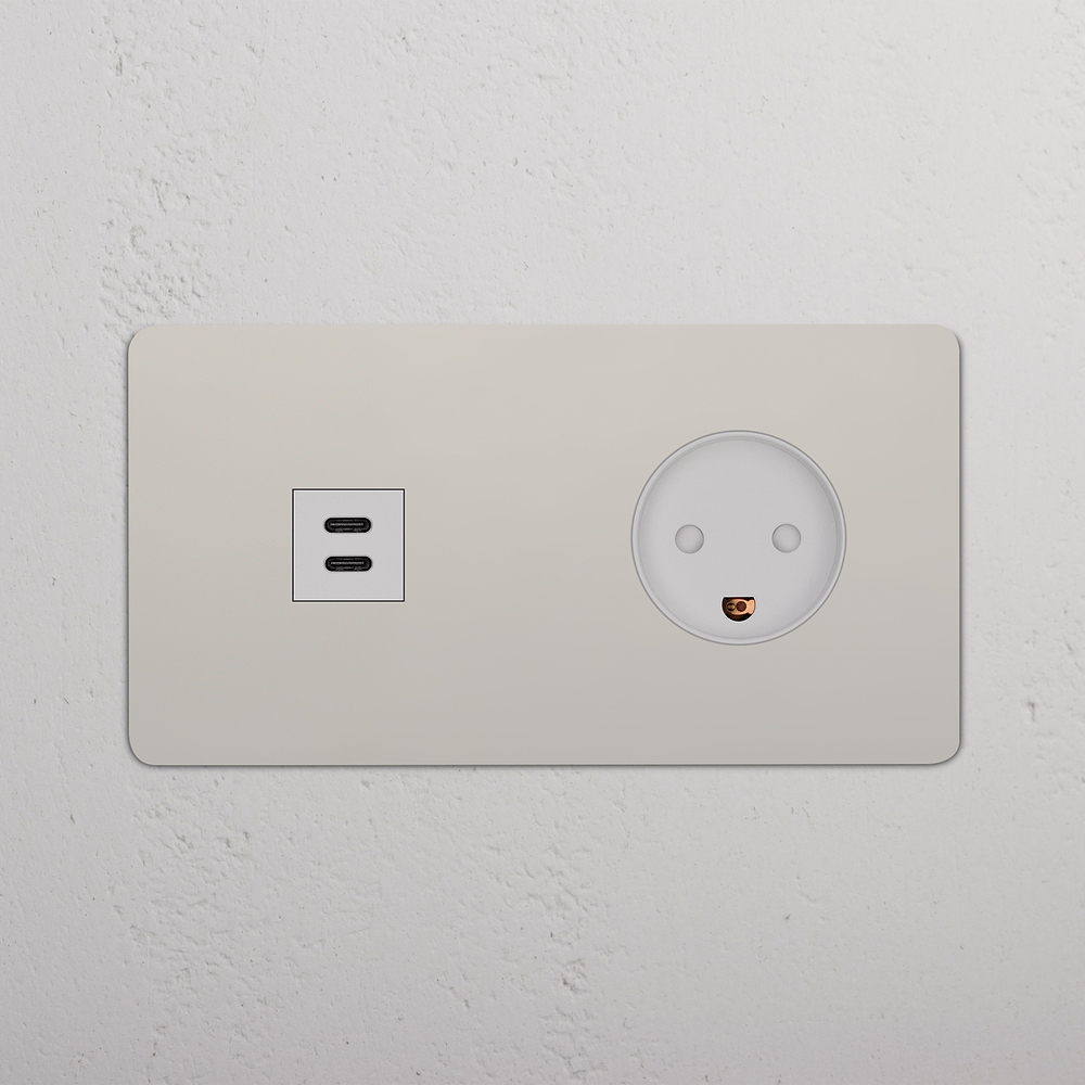 Kew Prise USB-C 30 W & Prise Danemark Type K (Plaque Double) - Nickel Poli | Blanc