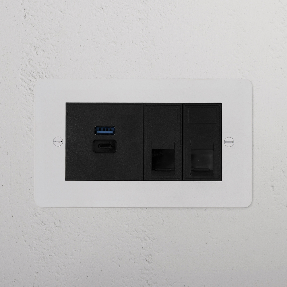Double 2x CAT 6 & USB A+C Fast Charge Socket - Paintable | Black
