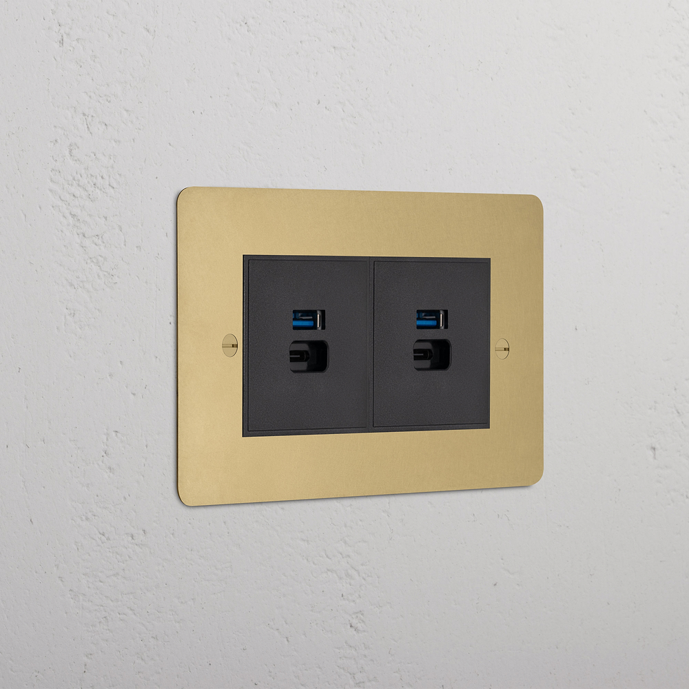 Double 2x USB-A+C Fast Charge Socket - Antique Brass | Black