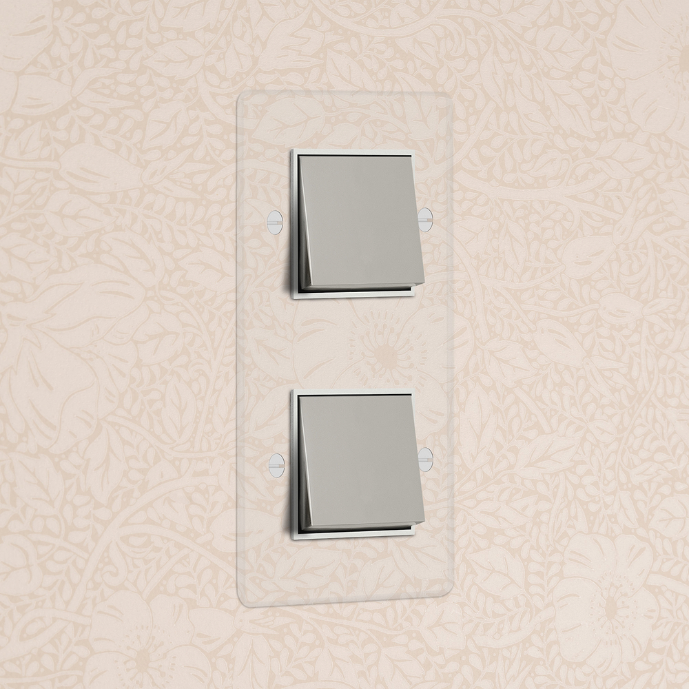 Kew Interrupteur Carré Vertical x2 (Plaque Double) – Nickel Poli à Transparence | Blanc
