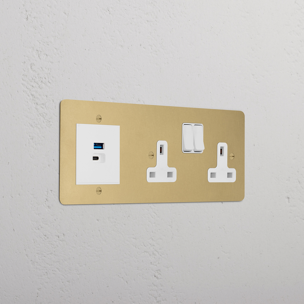 Double Socket & USB-A+C Fast Charge - Antique Brass | White