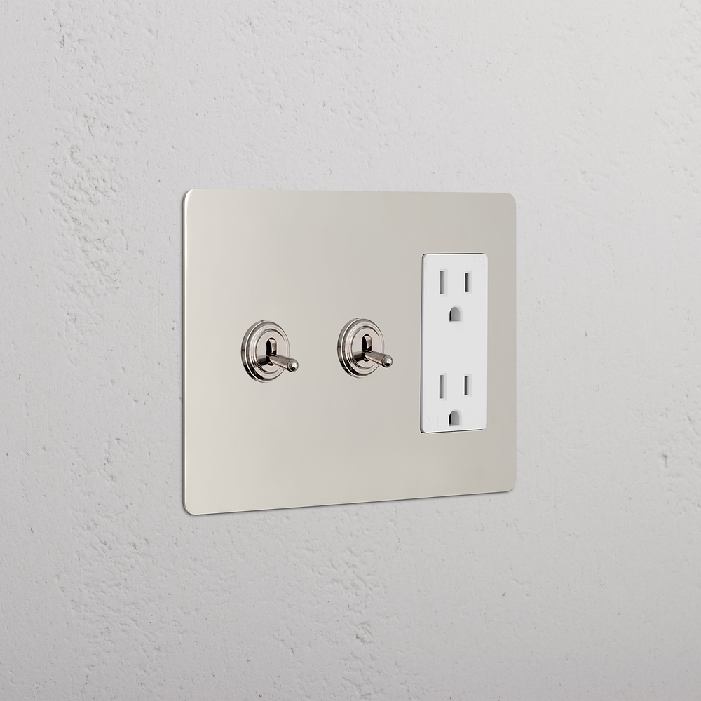 Kew 3G 2x Toggle Switch & Outlet - Polished Nickel White