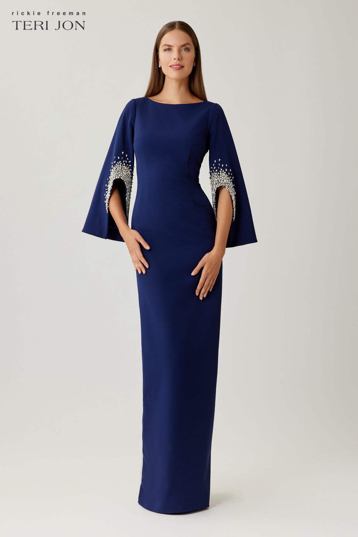 teri jon blue dress Stretch Mikado Asymmetrical Off Shoulder Cuff Gown Size 12 The rich hue exudes regal elegance Teri Jon Sleeveless Metallic Multi