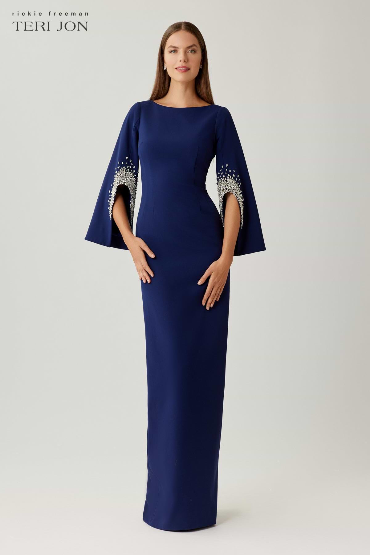 teri jon blue dress Stretch Mikado Asymmetrical Off Shoulder Cuff Gown Size 12 The rich hue exudes regal elegance Teri Jon Sleeveless Metallic Multi
