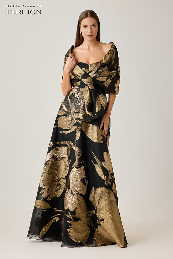 teri jon evening dresses Off The Shoulder Jacquard Gown  sculptural effect thats both chic and dramatic Evening & Formal Gowns 