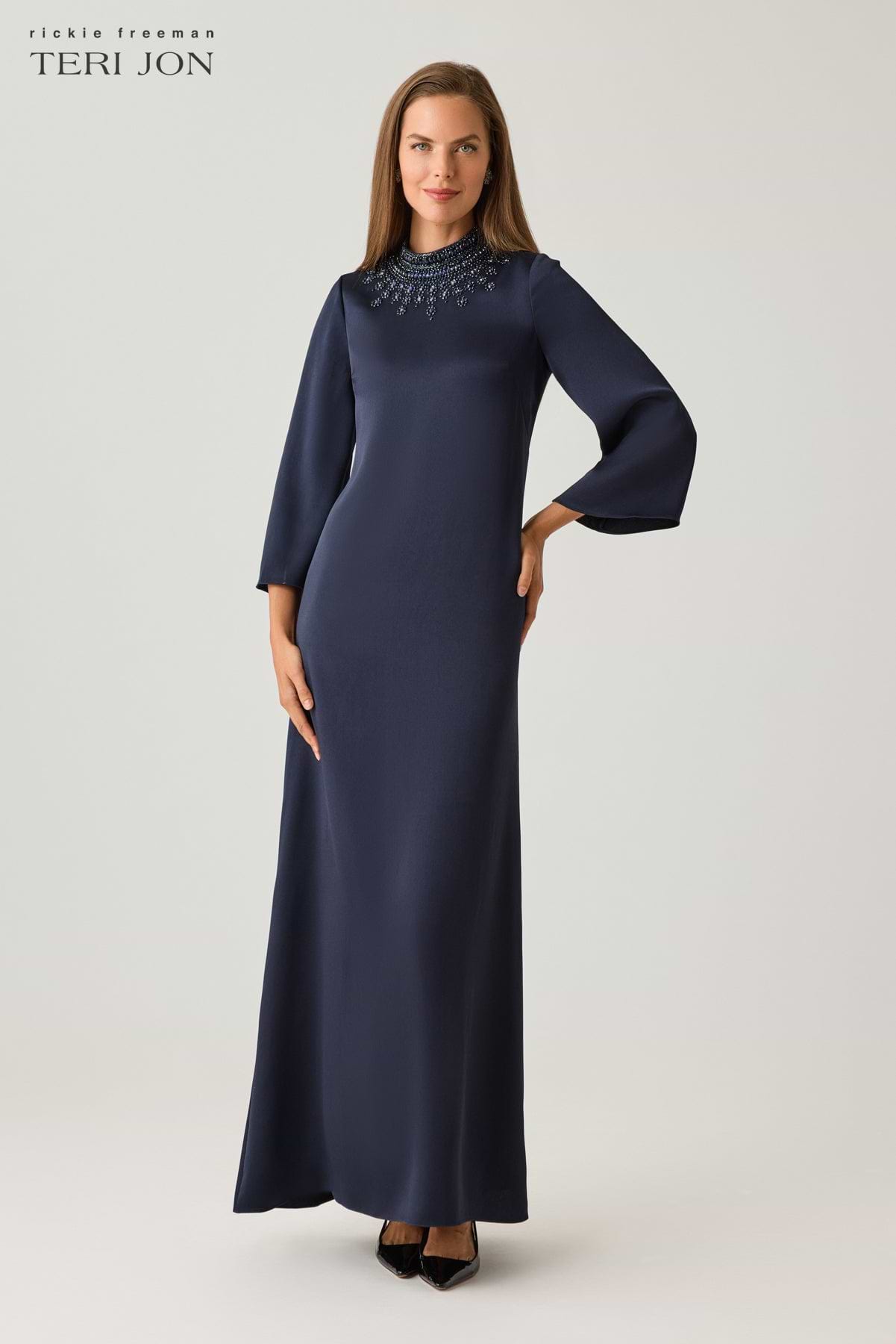 mother of the bride blue dress ZAPAKA Women Queen Anne Dusty Lace Appliqued A Line Long Sleeves Wedding Guest Dress, Grey Blue / US10 back keyhole cutout Mother of th Bride Dress