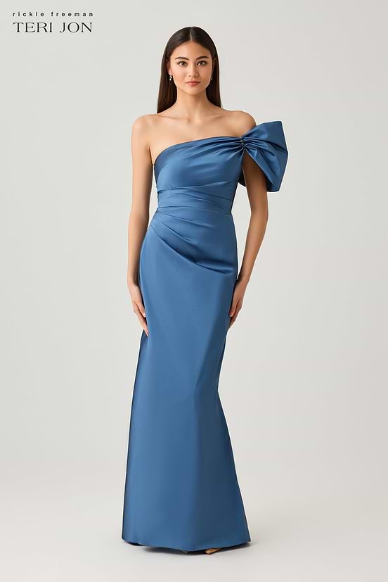 ruched one-shoulder stretch crepe dress Pleated Ivory / 16 Strikingly vibrant and sophisticated this one shoulder evening gown will be the talk of the town Sam Crepe One-Shoulder Slit Formal