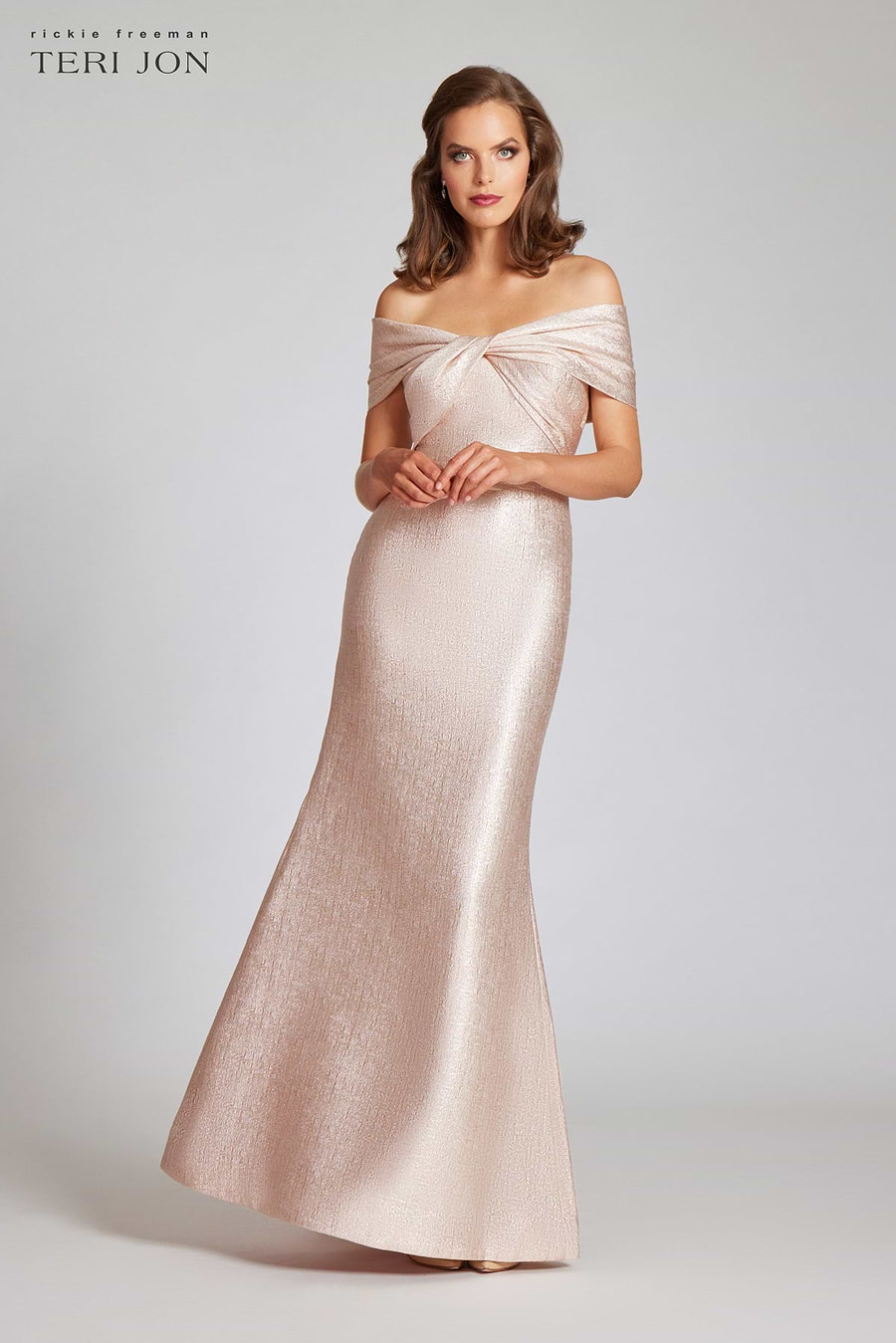Metallic Jacquard Twist Bodice Off The Shoulder Gown