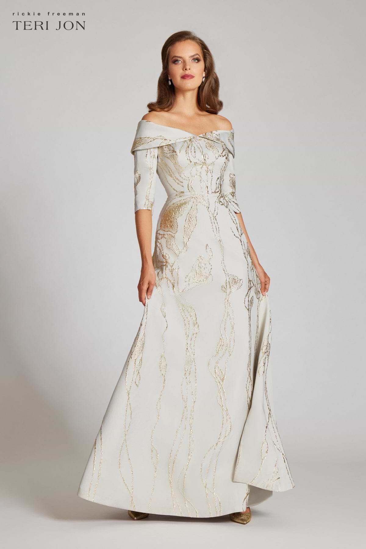 Jacquard Off Shoulder Elbow Sleeve Gown