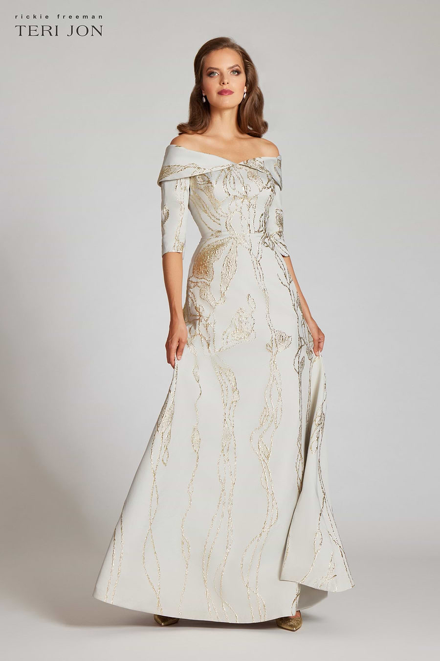 Jacquard Off Shoulder Elbow Sleeve Gown