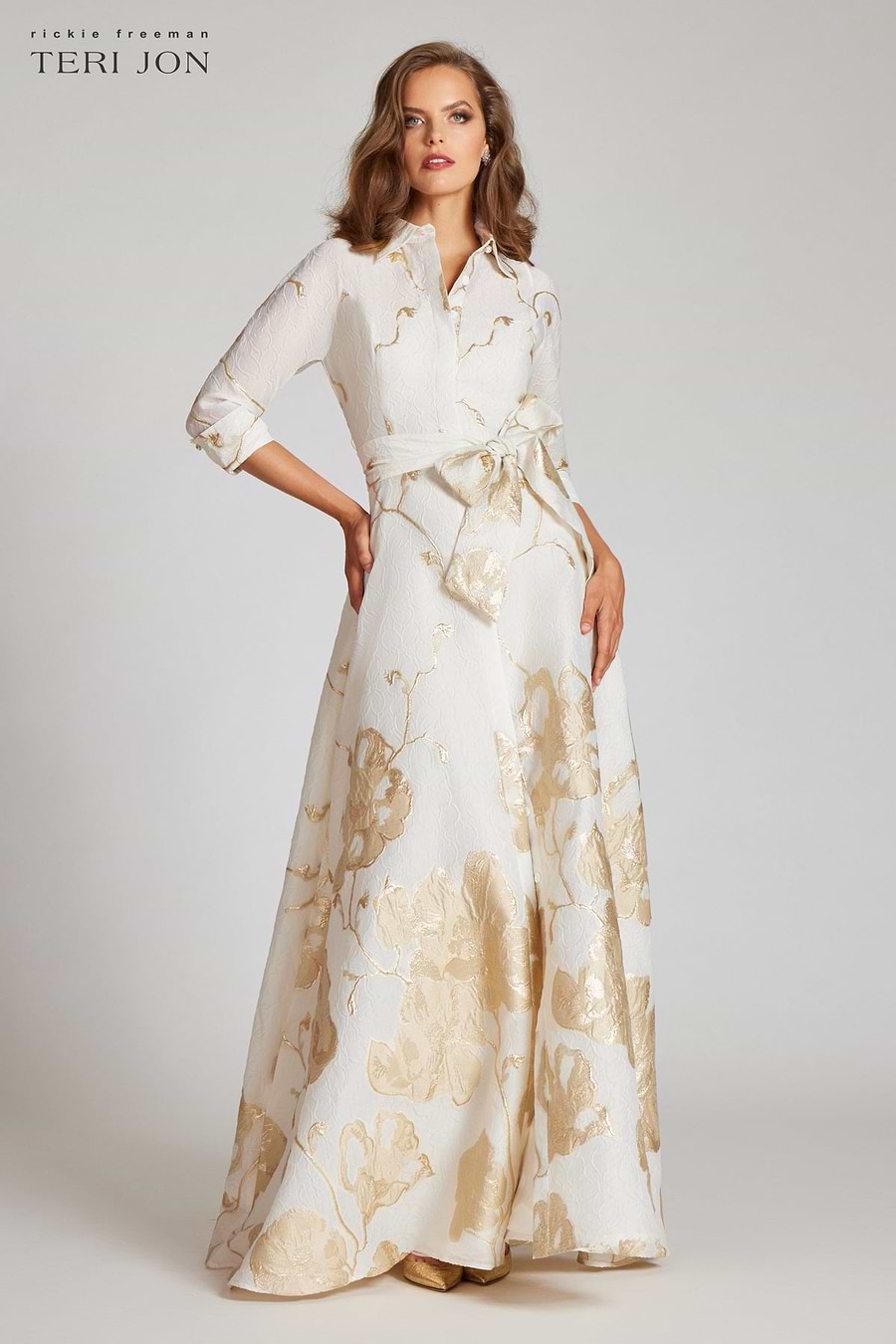 teri jon shirt dress Metallic Jacquard Floral Waist Gown No problem Teri Jon Jacquard Border Pattern