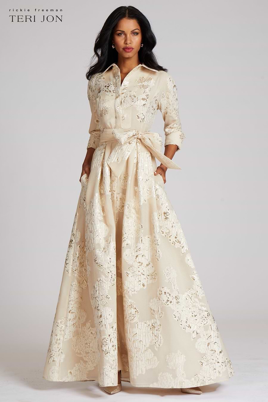 Teri Jon Champagne Jacquard Shirtdress Blush Gown with Print Size 14