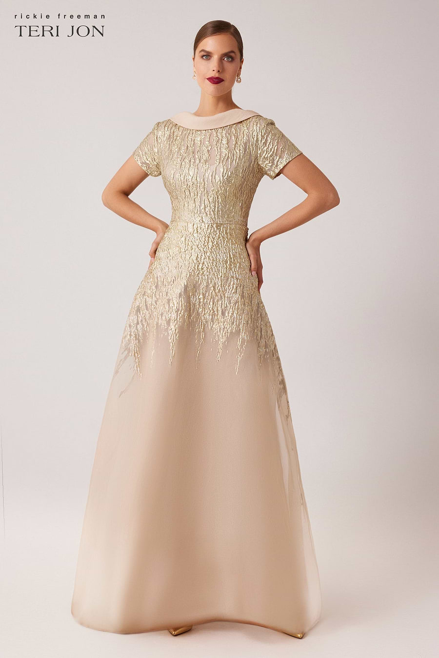 Roll Neck Metallic Organza Jacquard Gown