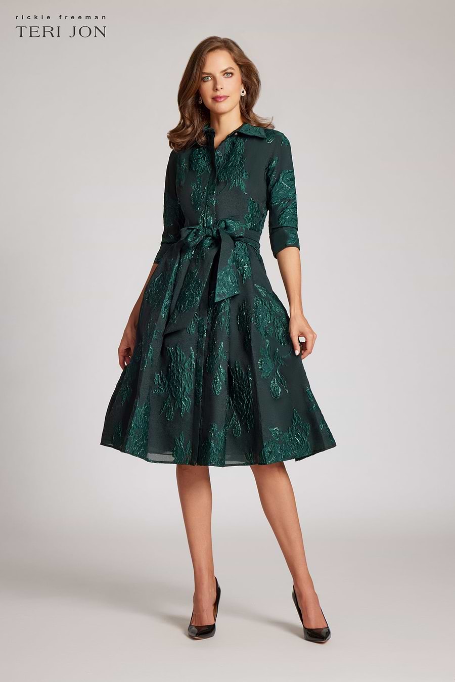 Teri Jon By Rickie Freeman Women's Metallic Jacquard Midi Shirt Dress - Green - Size 18