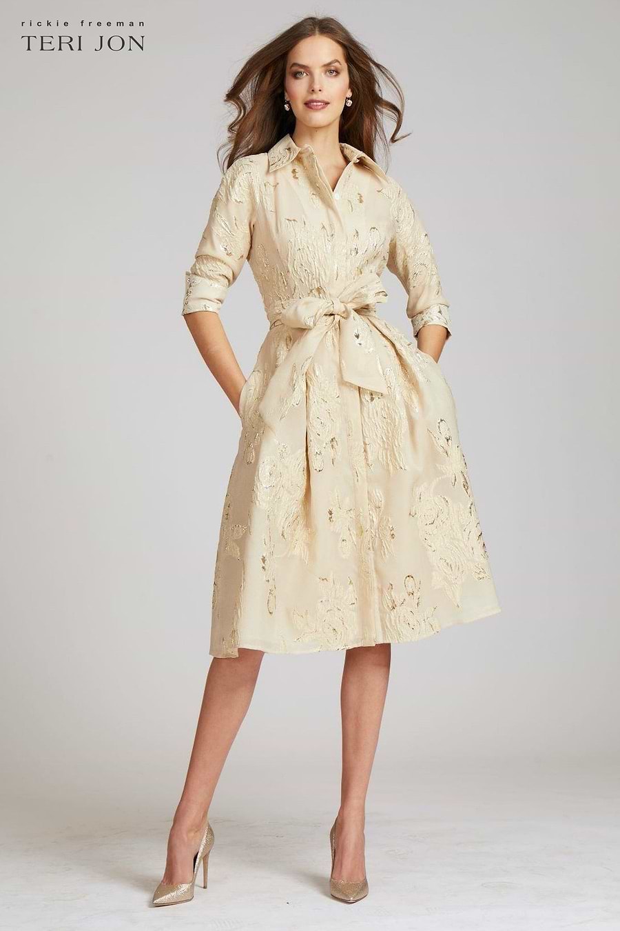 Teri Jon by Rickie Freeman Women's Jacquard Floral-Print Shirtdress - Champagne