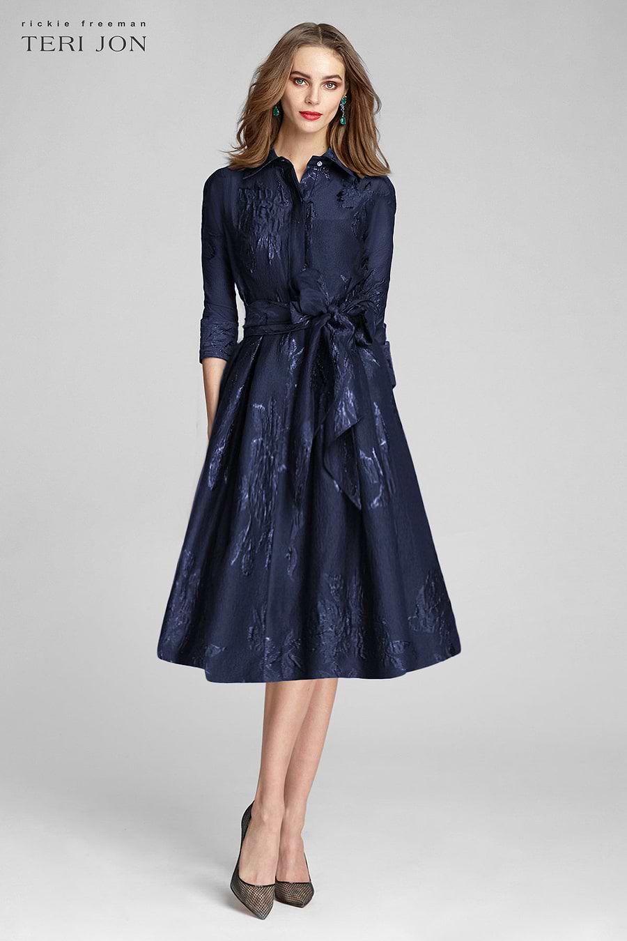 Metallic Jacquard Shirtdress with Floral Print