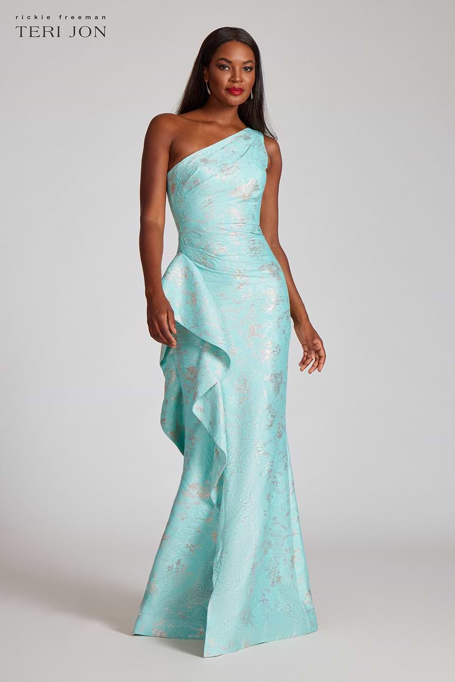 Jacquard One Shoulder Side-Ruffle Gown