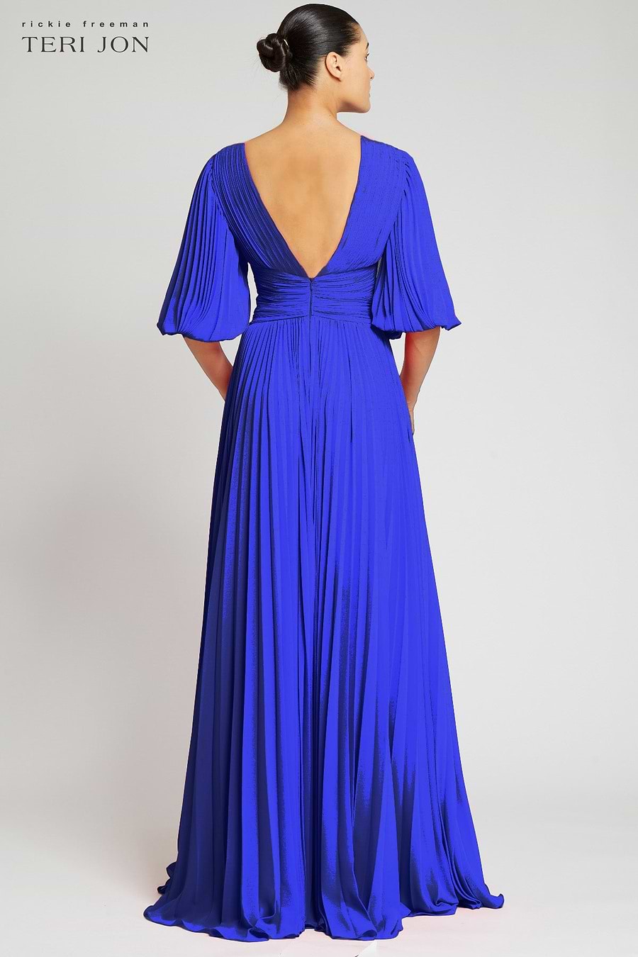 Chiffon Puff Sleeve Pleated V-Neck Gown