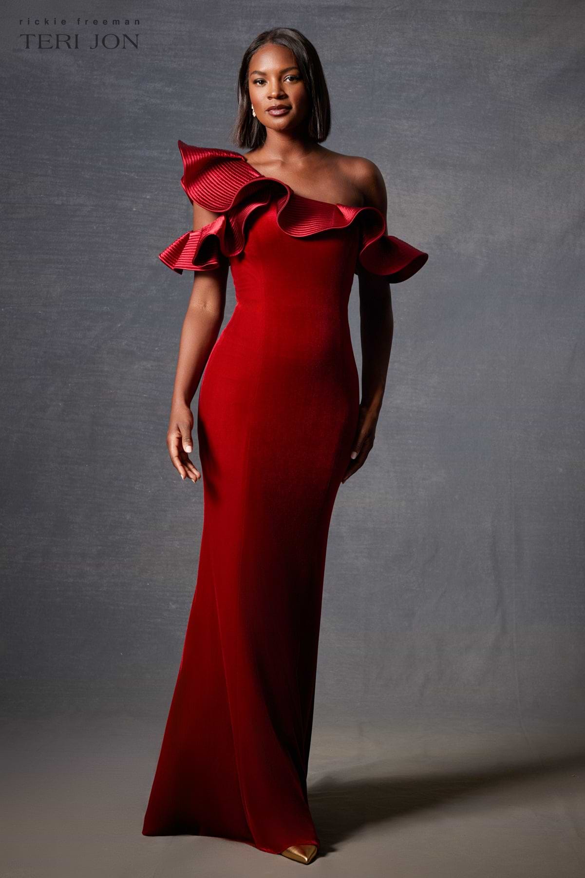 Velvet Ruffle Asymmetrical Gown –
