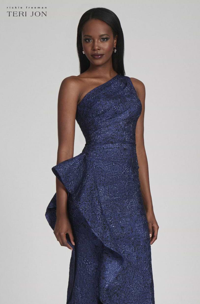 Teri Jon By Rickie Freeman Women's Metallic Jacquard One-Shoulder Gown - Black Blue