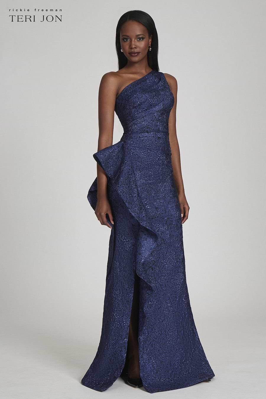 Teri Jon By Rickie Freeman Women's Metallic Jacquard One-Shoulder Gown - Black Blue